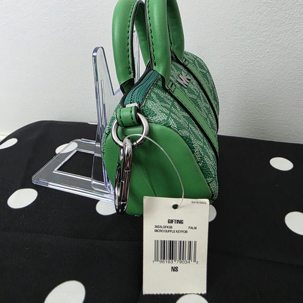 Michael Kors Green Jacquard Micro Duffle Bag Charm Keychain NWT Logo Mini Pouch - Picture 8 of 15
